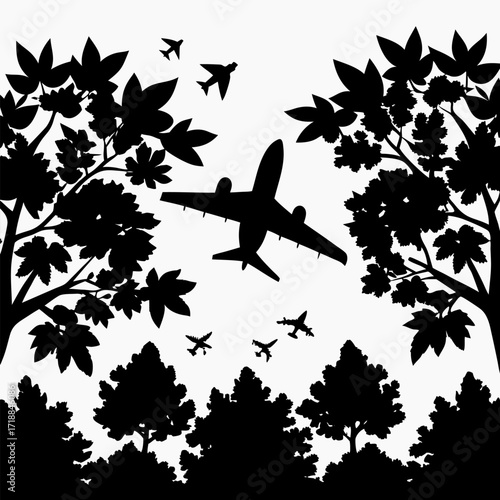 Airplane tree canopy black landscape vector on white background.
