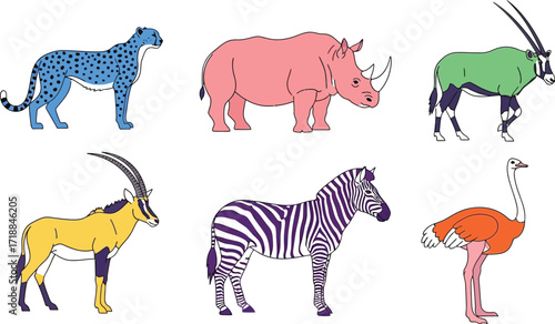 African animals cheetah rhino zebra ostrich antelope drawing