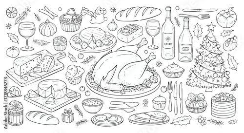 Festive holiday feast with turkey, wine, cheese, desserts and Christmas tree illustration for coloring books or seasonal design projects