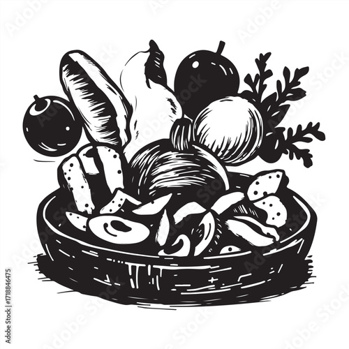 A classic black and white vector silhouette of Turkish food, rendered in a hand-drawn sketch style with rough lines and textured pencil strokes on a white background, conveying timeless elegance.