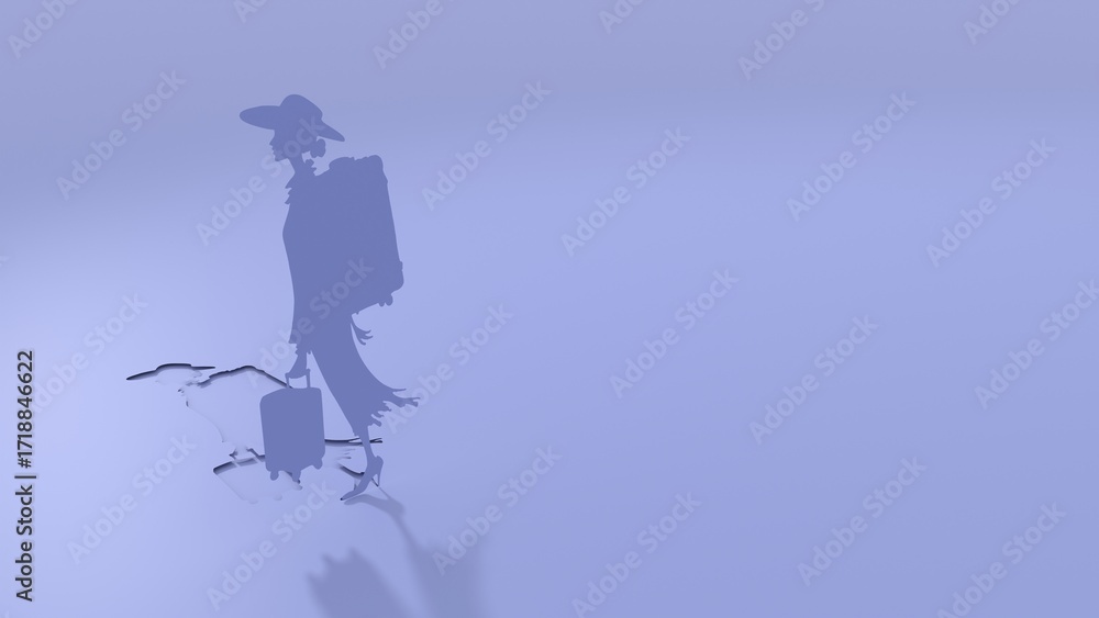 Naklejka premium Woman silhouette. Young female traveler walking with baggage goes on vacation. Concept of an urban transportation and travel or lifestyle blogs. Paper cut style. 3D render.
