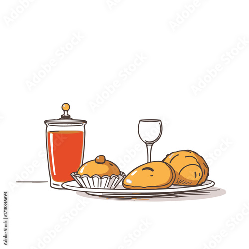 A charming hand-drawn sketch illustrating the classic Vector style silhouette of Turkish culinary delights on a white surface, reflecting timeless elegance, realized in a cheerful Color sketchnote.
