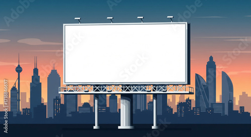 A large, blank billboard stands in front of a city skyline at sunset.