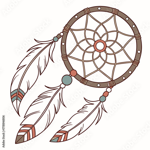 A beautifully illustrated dreamcatcher with intricate web design and decorative feathers and beads symbolizing protection and good dreams
