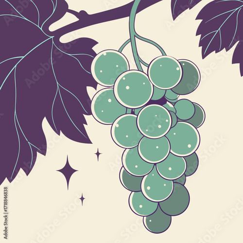 A bunch of green grapes hangs from a vine with purple leaves and sparkles on a cream background