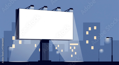 A blank billboard stands illuminated against a city skyline at night, with streetlights casting light.