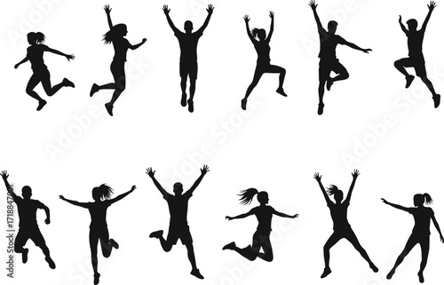 Silhouette of active people jumping with joy, celebrating happiness, fitness, freedom, exercise, lifestyle, teamwork, movement, energy, healthy life, black vector illustration
