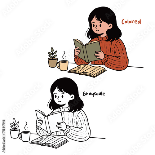 Girl Reading a Book with Coffee