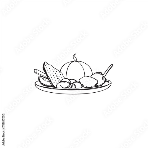 A classic hand-drawn sketch presenting the Vector style silhouette of Turkish food on white, emphasizing timeless and elegant qualities, executed in a vivid Color sketchnote style.