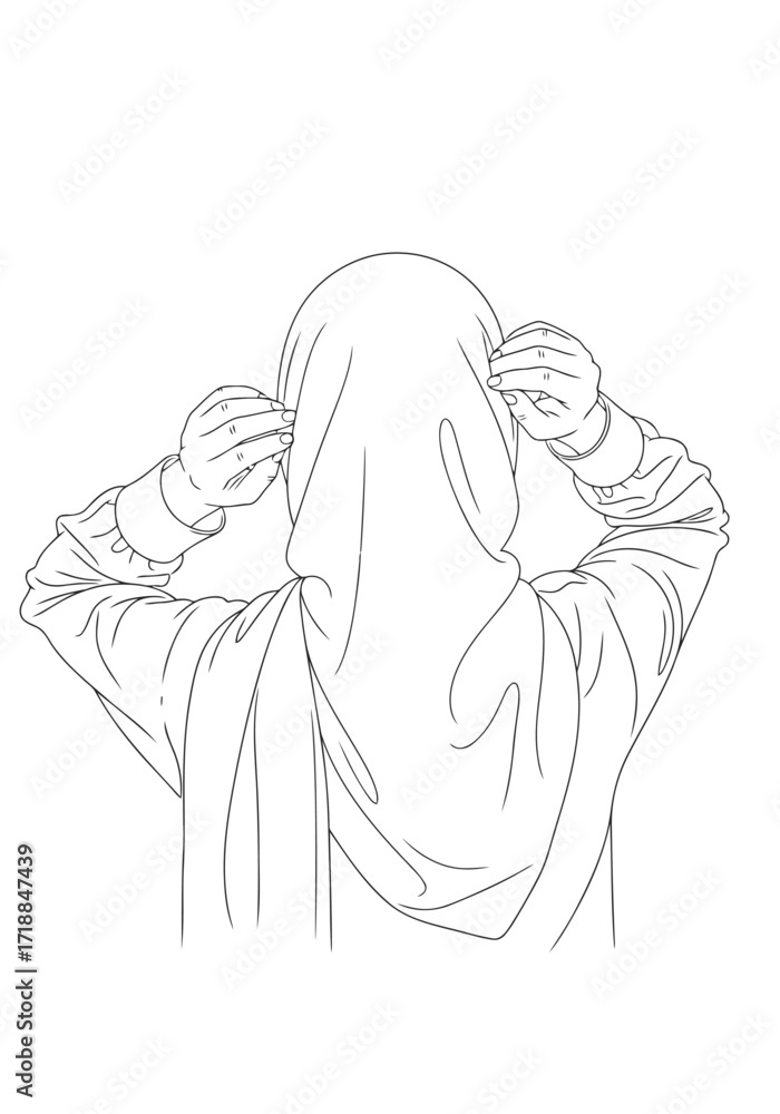 Fototapeta premium Vector illustration of illustration of line art of a person adjusting hijab