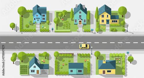 Aerial view of a suburban neighborhood with colorful houses, green lawns, trees, and a car on the road.