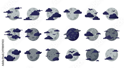 Moon phases Vector collection with clouds night sky concept high quality professional