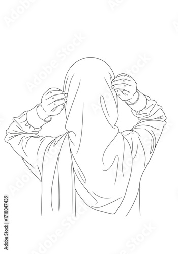 Vector illustration of illustration of line art of a person adjusting hijab