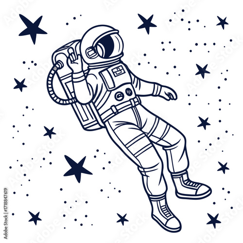 A playful astronaut in a spacesuit floats joyfully through the starry cosmos giving a peace sign with a sense of wonder and adventure