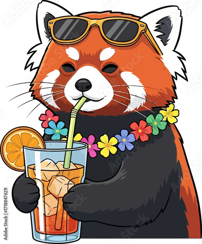 red panda summer chill tropical drink and island vibes, isolated on transparent background