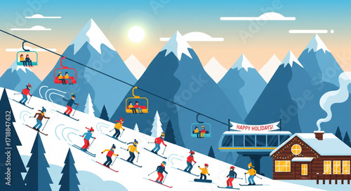 A vibrant illustration of skiers enjoying a winter holiday on a snowy mountain slope, with a ski lift.