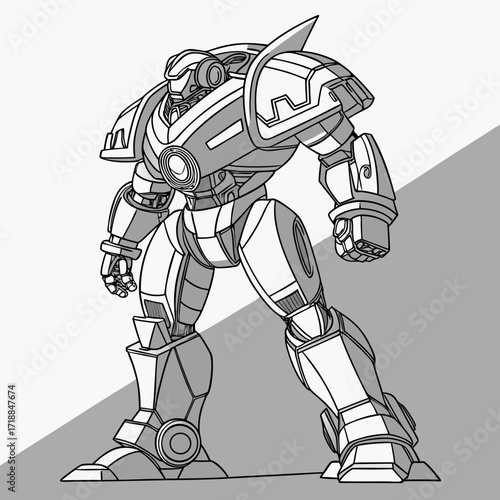 A powerful imposing and futuristic battle mech robot standing ready for action with a determined stance and detailed mechanical design