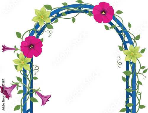 Blue garden trellis with pink and green flower decorations