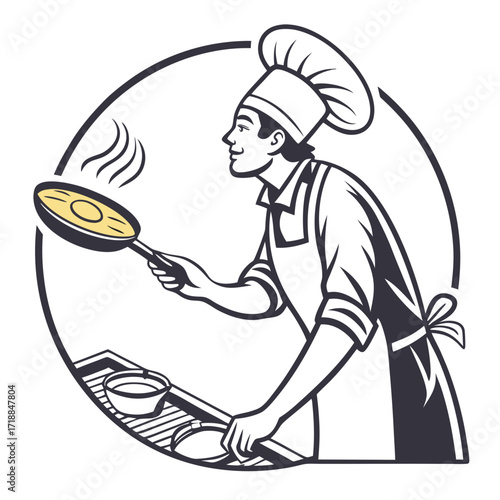 A skilled chef in a traditional uniform expertly flips a pancake in a frying pan preparing a delicious meal with steam rising from the food