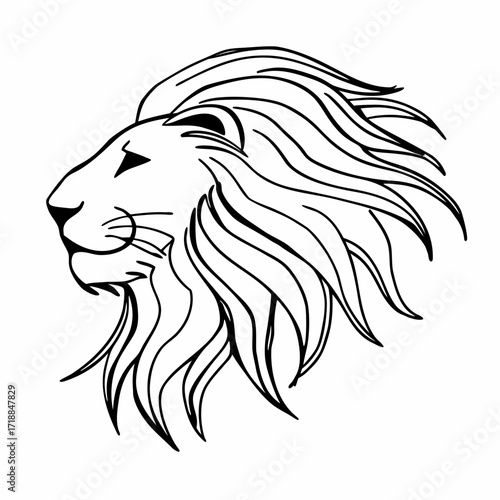 A striking black and white line art illustration of a majestic lion s head in profile showcasing its flowing mane and regal features