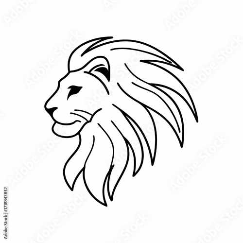A striking black and white line art illustration of a majestic lion s head profile showcasing its regal mane and powerful gaze perfect for emblems and logos