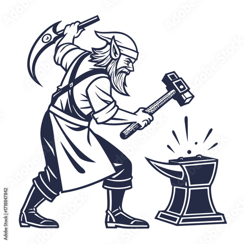 A skilled dwarf blacksmith with a long beard and pointed hat hammers glowing metal on an anvil with sparks flying in a dynamic illustration
