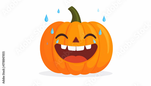 A happy, laughing Halloween pumpkin with water droplets falling from its eyes in a cartoon style
