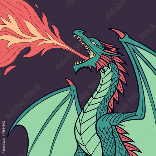 A stylized illustration of a fierce green dragon with coral accents breathing a vibrant plume of orange and red fire against a dark purple background