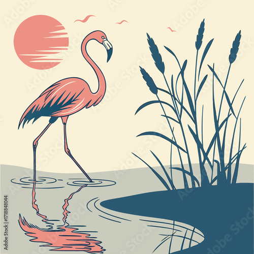 A stylized illustration of a pink flamingo wading in calm water near tall reeds with a hazy sun and birds in the background
