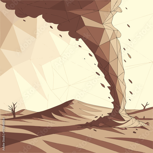 A stylized low poly illustration of a powerful tornado swirling through a desolate desert landscape with barren trees and sand dunes under a polygonal sky