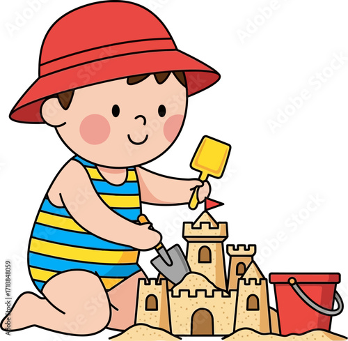 sandcastle architect a toddlers joyful beach day, isolated on transparent background