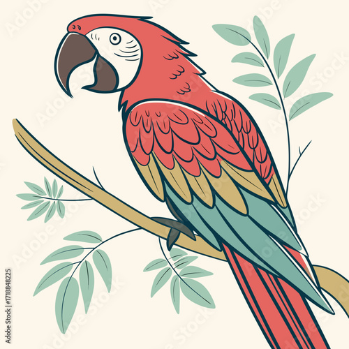 A vibrant red macaw parrot with green and yellow feathers perched on a branch with tropical leaves against a light background