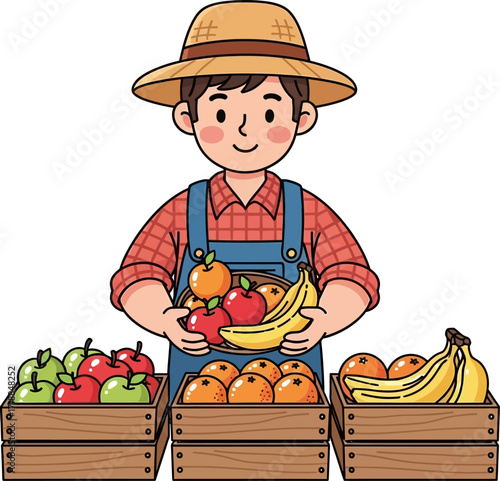 smiling farmer presenting fresh fruit harvest a delightful cartoon illustration, isolated on transparent background