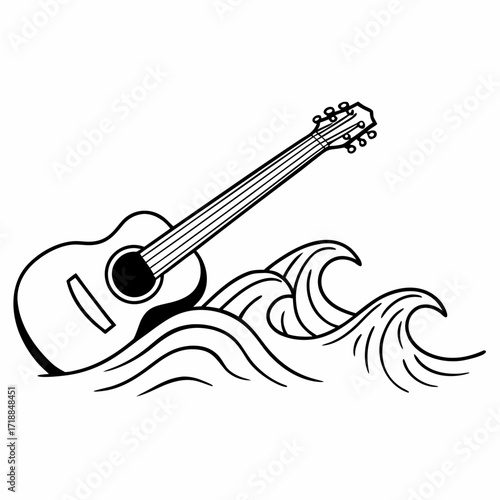 Acoustic guitar emerging from stylized ocean waves in a simple black and white line art illustration symbolizing musical journeys and creative inspiration