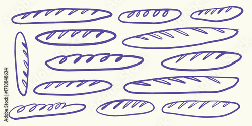 Italian style Baguette Bread hand drawn vector illustrations in grunge chalk or charcoal rough doodle sketch style.