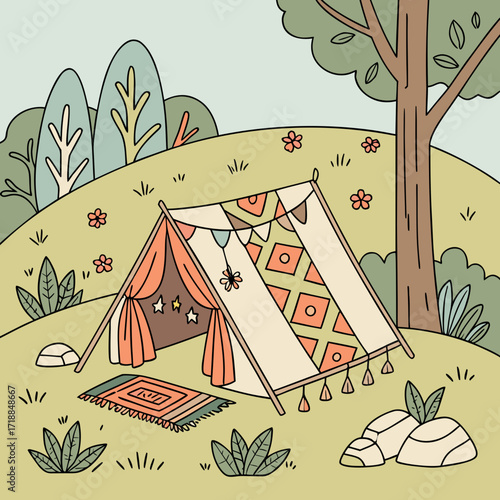 Charming boho style tent with colorful bunting and rug set up in a lush green forest clearing during daytime