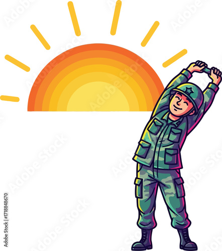 soldiers sunrise stretch a day of duty begins, isolated on transparent background