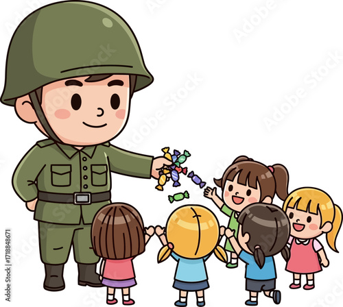 soldiers sweet kindness sharing candy with children, isolated on transparent background