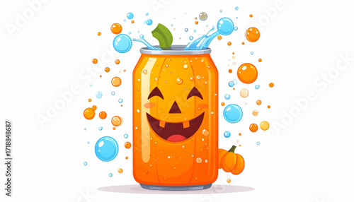 Halloween Pumpkin Soda Can with Happy Face and Bubbles - A Festive Drink Illustration