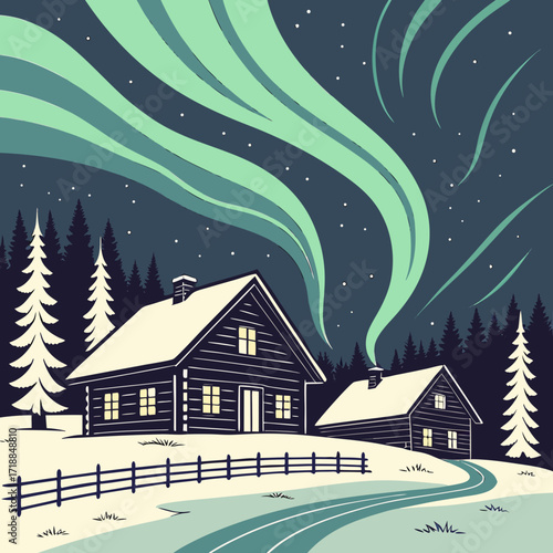 Cozy wooden cabins nestled in a snowy forest under the magical glow of the vibrant green aurora borealis dancing in the starry night sky