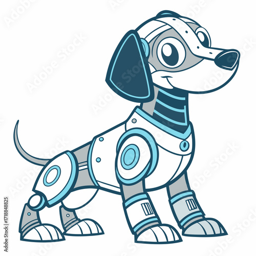 Cute cartoon robot dog with a friendly expression white and blue metallic body and mechanical joints isolated on a white background