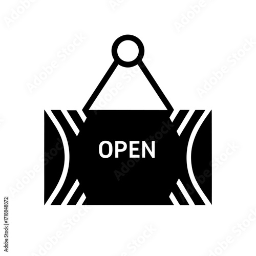 Hanging door sign icon with word "OPEN", symbolizing store availability or working hours.