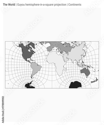 World Map. Guyou hemisphere-in-a-square projection. Continents style. High Detail World map for infographics, education, reports, presentations. Vector illustration.