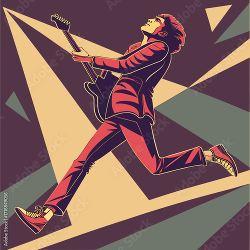 Dynamic illustration of a rockstar guitarist in a red suit energetically leaping and playing an electric guitar against a vibrant geometric abstract background