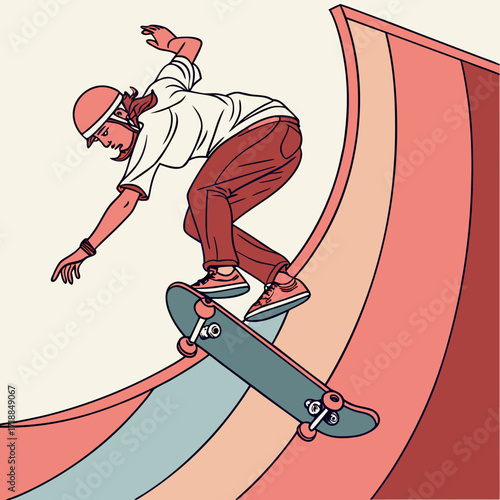 Dynamic illustration of a young woman with red hair wearing a helmet and casual clothing performing a skateboarding trick on a ramp with colorful stripes