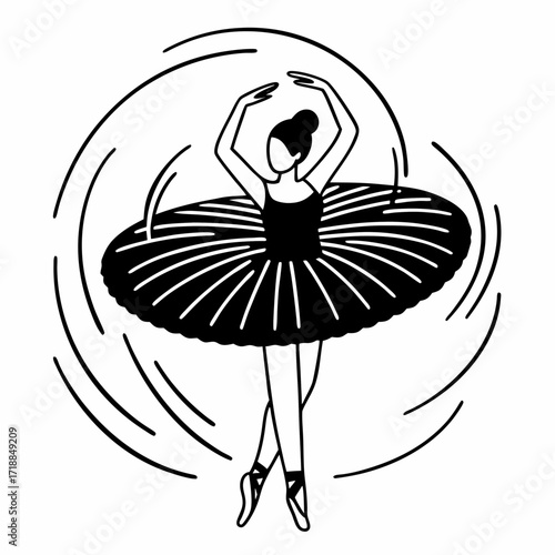 Elegant black silhouette of a ballerina dancer in a tutu performing a graceful pose with swirling lines representing movement and energy