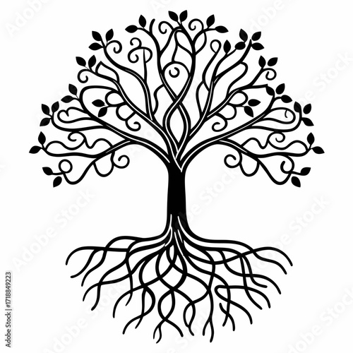 Elegant black silhouette of a stylized tree of life with intricate swirling branches and detailed roots against a clean white background