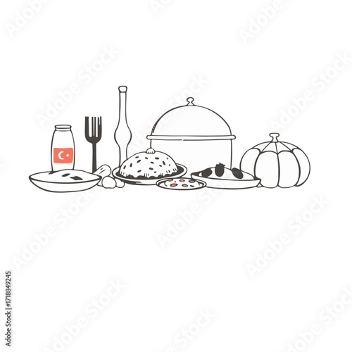 A stylized hand-drawn sketch displaying the classic Vector style silhouette of Turkish food items on a stark white background.