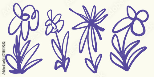 Italian style Abstract Flower Outlines hand drawn vector illustrations in grunge chalk or charcoal rough doodle sketch style.