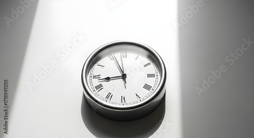 Wallpaper Mural Classic Silver Wall Clock Showing the Time on a Bright White Background, Illuminated by Sunlight Beams. Torontodigital.ca